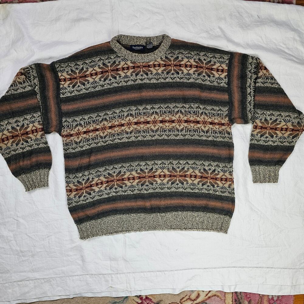 VTG Men's Sweater snowflake stripe ski earthy preppy grandpa gorpcore XL